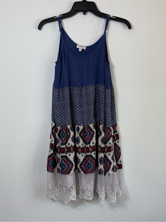 Umgee Dresses & Skirts - Umgee Boho Blue Mixed Print Tiered Dress Southwestern Tribal Lace Hem Medium
